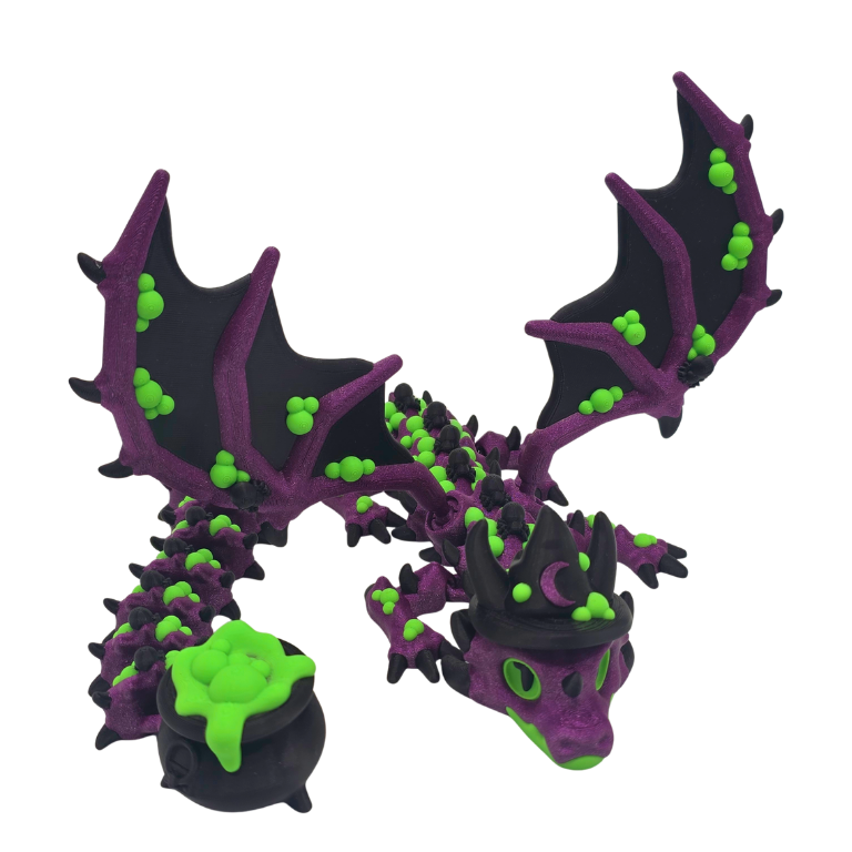Ein Hexen Drache mit großen Flügeln und einem Kessel am Schwanz